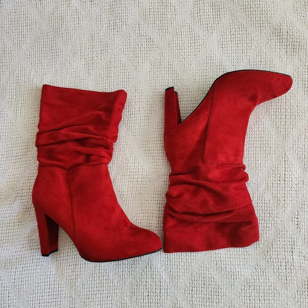 Red faux suede heeled boots, Wild Diva